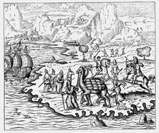 Merchants transporting goods to the coast and a waiting vessel by camel, 1575. Artist: Unknown