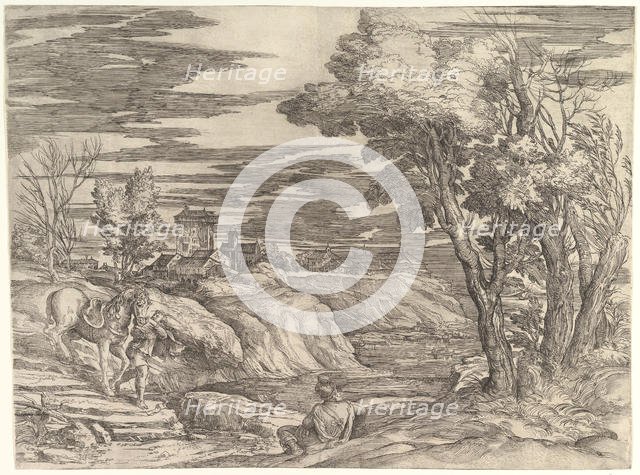 Landscape with a Horseman and His Groom, ca. 1552-61. Creator: Battista Franco Veneziano.