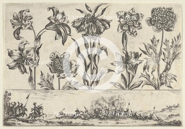 Horizontal Panel with a Row of Flowers Above a Frieze with a Battle Scene in a Landscape, ..., 1645. Creator: Nicolas Cochin.