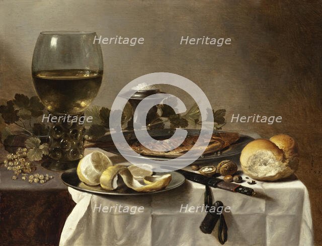 Still Life with Herring, Wine and Bread (image 1 of 2), 1647. Creator: Pieter Claesz.