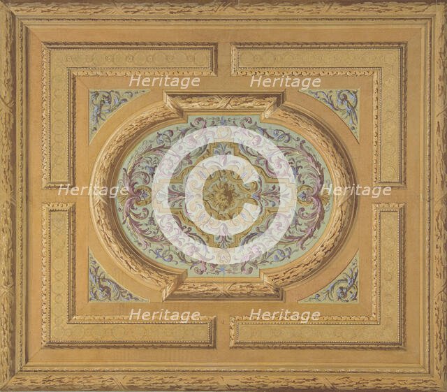 Design for a ceiling decorated with bands of oak leaves and a central panel of scrolls..., 1830-97. Creators: Jules-Edmond-Charles Lachaise, Eugène-Pierre Gourdet.