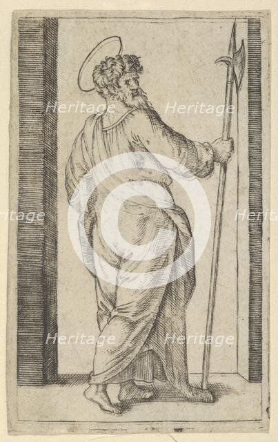 Saint Jude, holding a halberd in his right hand, from the series 'Piccoli Santi' ..., ca. 1500-1527. Creator: Marcantonio Raimondi.