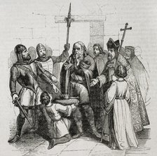 Coronation of King Wamba in Toledo, who was anointed by Bishop Quiricus on 20 September 672 (1852).  Creators: José Vallejo, Capuz.