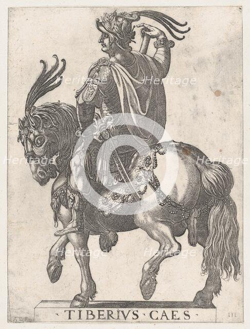 Plate 3: Emperor Tiberius on Horseback, from 'The First Twelve Roman Caesars', 1596. Creator: Antonio Tempesta.