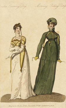 Fashion Plate (London Evening Dress - Morning Riding Dress), 1808. Creator: John Bell.
