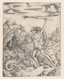 Hercules and the Hydra; wielding a torch he attacks the winged, multi-headed Hydr..., ca. 1500-1520. Creator: Cristofano di Michele Martini.