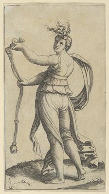 A woman representing Temperance holding a bit facing left, ca. 1510-27. Creator: Marcantonio Raimondi.