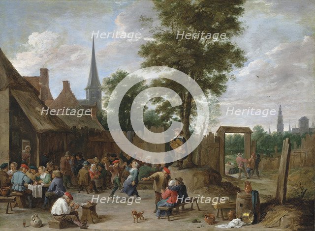 A village inn with peasants dancing and merry making to the music of a hurdy-gurdy.