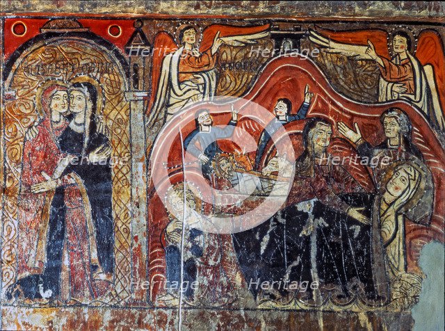  'Visitation and Nativity', detail of the front of the Iguácel altar. Painting on panel from the …