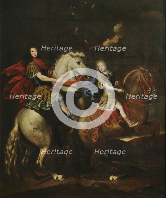 Equestrian portrait of Charles Emmanuel II of Savoy (1634-1675) with his son Victor... , c1675. Creator: Brambilla, Giovanni Battista (active 1770).