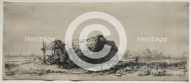 Landscape with a Cottage and Hay Barn: Oblong, 1641. Creator: Rembrandt van Rijn (Dutch, 1606-1669).