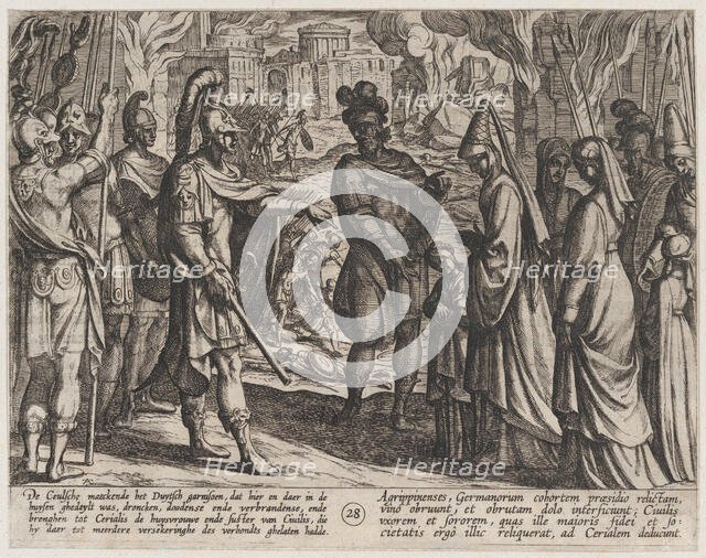 Plate 28: Cologne Troops Bring Civilis' Wife and Sister to Cerialis, from The War of the R..., 1611. Creator: Antonio Tempesta.