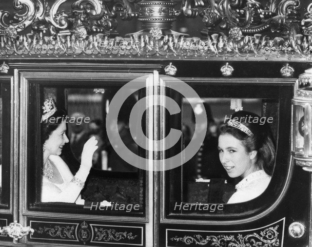 A wave from the Queen and a smile from Princess Anne on the State opening of Parliament. Artist: Unknown