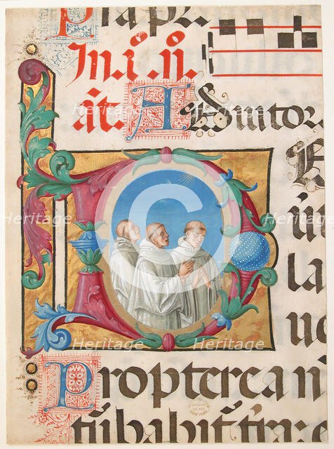 Manuscript Illumination with Singing Monks in an Initial D, from a Psalter, Italian, 1501-2. Creator: Girolamo dai Libri.