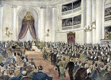 Opening of Parliament by Queen Maria Christina Habsburgo with her son Alphonse' in 1898, drawing …