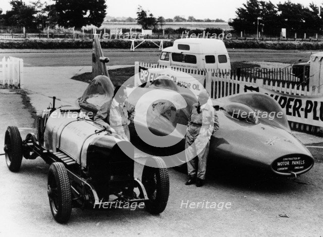 Donald Campbell with a Sunbeam 350 and Leo Villa with Bluebird, c1964. Artist: Unknown