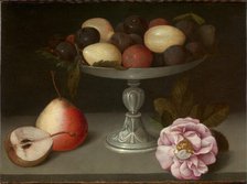 Still Life with plums, pears and a rose, ca 1602. Creator: Galizia, Fede (1578-1630).