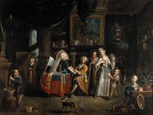 Interior with a medical practitioner, a woman holding a flask, and five other people. Creator: Balthasar van den Bossche.