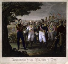 The meeting between Emperors Francis I of Austria, Alexander I of Russia and Frederick William III o Artist: Jügel, Johann Friedrich (1772-1833)