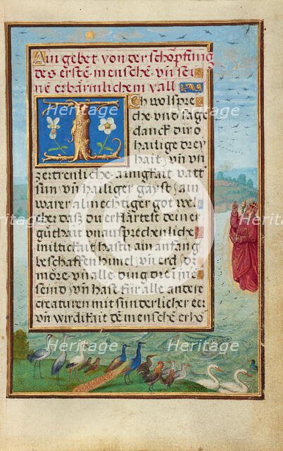 Border with the Creation of Birds and Fishes, about 1525-1530. Creator: Simon Bening.
