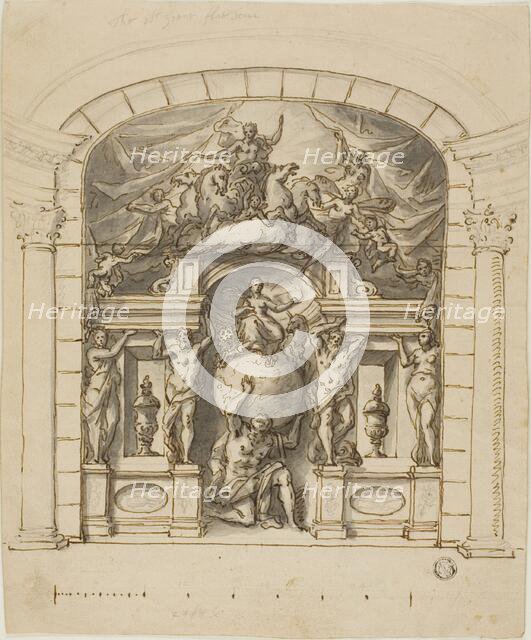 Design for Stage Scenery (Hampton Court) with Mythological Figures, 1695/1734. Creator: Sir James Thornhill.
