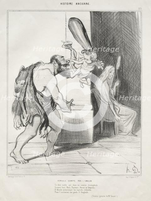 Ancient History, plate 25: Hercules Subdued by Cupid, 18 September 1842. Creator: Honoré Daumier (French, 1808-1879); Aubert.