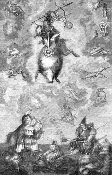 Gods of the old Japanese mythology: the War-God Maris descending on the Holy Boar, 1860. Creator: Unknown.