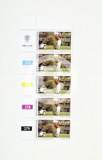 Postage stamps bearing a picture of the South African golfer Gary Player, Bophuthatswana, 1980. Artist: Unknown