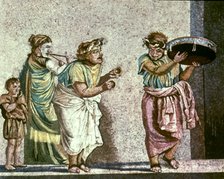 Mosaic of street musicians playing in the street, from Pompeii.
