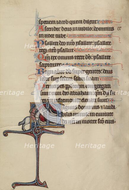 Initial M: A Knight rides toward Two Boats; Bute Psalter, text and illumination about 1285. Creator: Bute Master.
