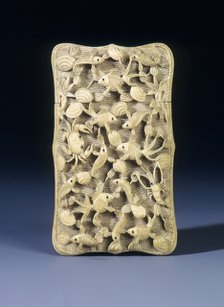 Ivory card case with crabs and fish in high relief, Hong Kong, 1936. Artist: Unknown