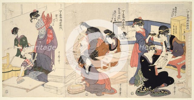 Artist, Block Carver, Applying Sizing (Eshi, hangashi, dosa-biki), from the series...,, About 1803. Creator: Kitagawa Utamaro.