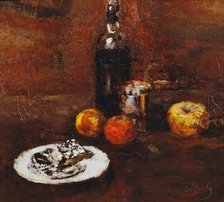 Still Life with Three Apples and Cheese in Staniol, 1886. Creator: Carl Schuch.