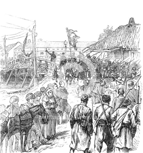 Sketches of the Insurrection in Servia; Insurgents Marching through Paratchin, 1883.  Creator: Unknown.