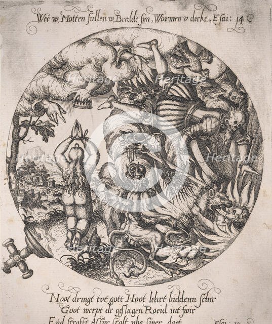 Woe to you, Maggots will be in your bed, and worms your coverlet (Isaiah 14:11), ca..., ca. 1570-72. Creator: Anon.