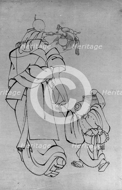 Mother and Children in Summer Night, 18th-19th century. Creator: School of Katsushika Hokusai.