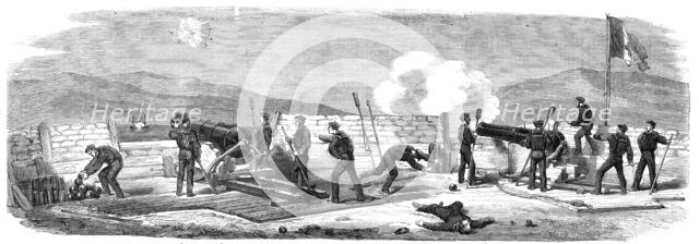 Engagement between the "Bourbonnais" Neapolitan steam-frigate and the ship-gun battery..., 1860. Creator: Unknown.
