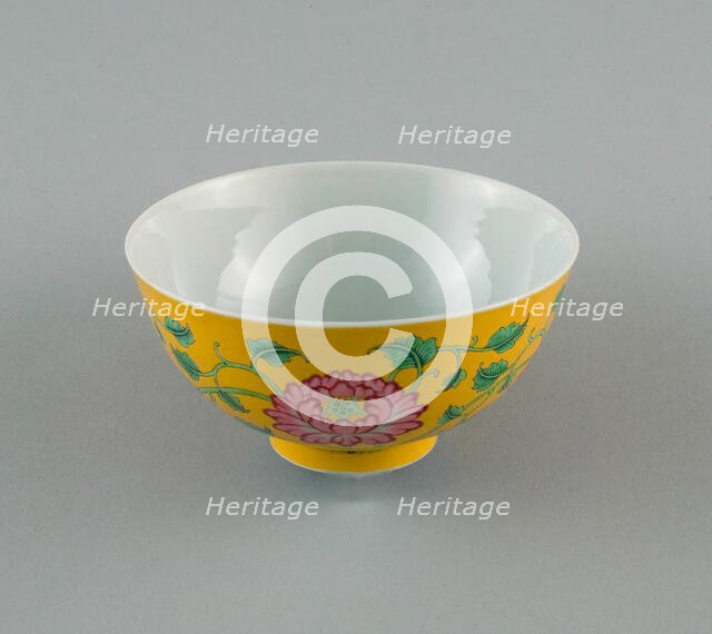Bowl with Peony and Scrolling Peony Stems, Qing dynasty, Kangxi yuzhi mark and period, c. 1716-1722. Creator: Unknown.