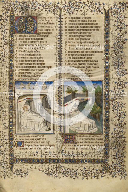 Scipio Lying in Bed Dreaming; Guillaume de Lorris Lying in Bed Dreaming, about 1405. Creators: Unknown, Guillaume de Lorris.