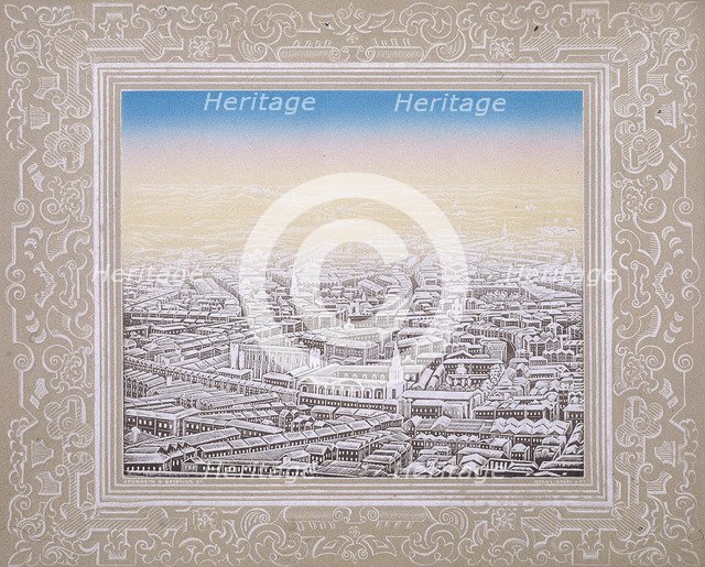 Aerial view of London with decorative border, c1845. Artist: Kronheim & Co
