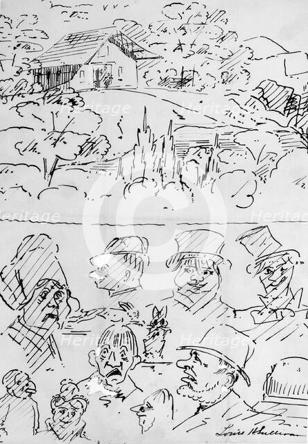 Landscape with Building (top) and Caricature Head Studies (bottom), 1874. Creator: Louis Sullivan.