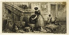 Woman Washing Pots, with Children, 1845. Creator: Charles Emile Jacque.