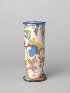 Vase, cylindrical, polychrome painted with watercolour, c.1920-c.1922. Creator: Plateelbakkerij Zuid-Holland.