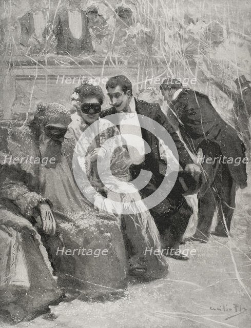 At the dance - carnival scene at the Baile del Real, Madrid, Spain 1898.  Creator: Enrique Laporta Valor.