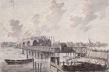 Construction of Blackfriars Bridge, London, c1762.  Artist: Francis Grose