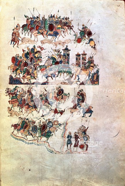 Warriors in a battle, Miniature in the 'Bible of Ripoll', manuscript copied and illustrated in th…