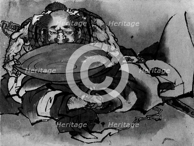 Sakata Kintoki Drinking Sake Wine, 18th-19th century. Creator: Hokusai.