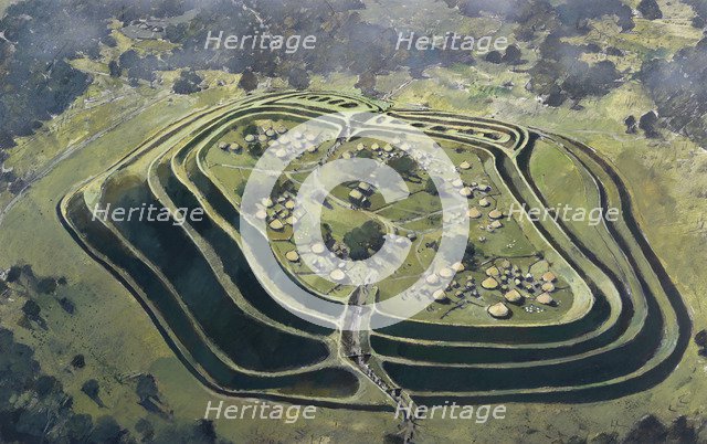 Old Oswestry Hill Fort, at the height of its occupation, Iron Age, (c1970-2010). Artist: Ivan Lapper.