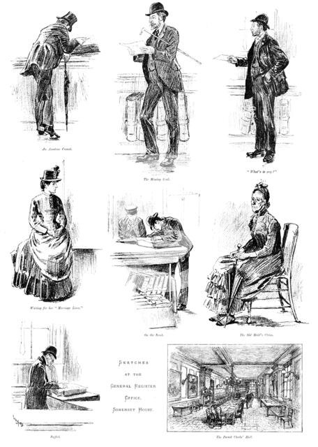 Sketches at the General Register Office, Somerset House, 1890. Creator: Unknown.