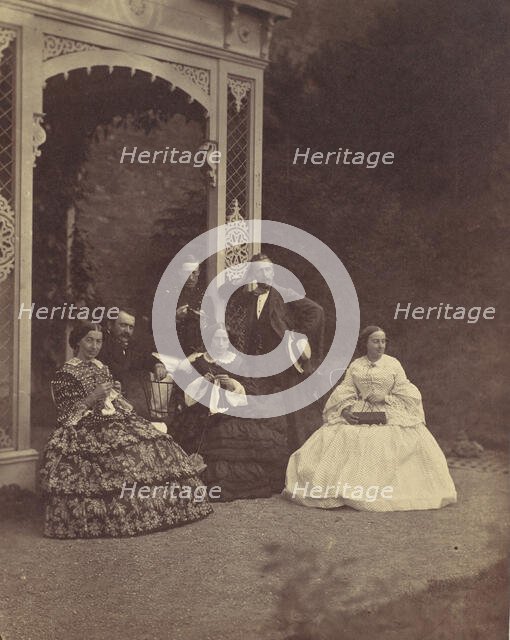 [Portrait of Three Women and Men in a Garden], 1850s-60s. Creator: Franz Antoine.